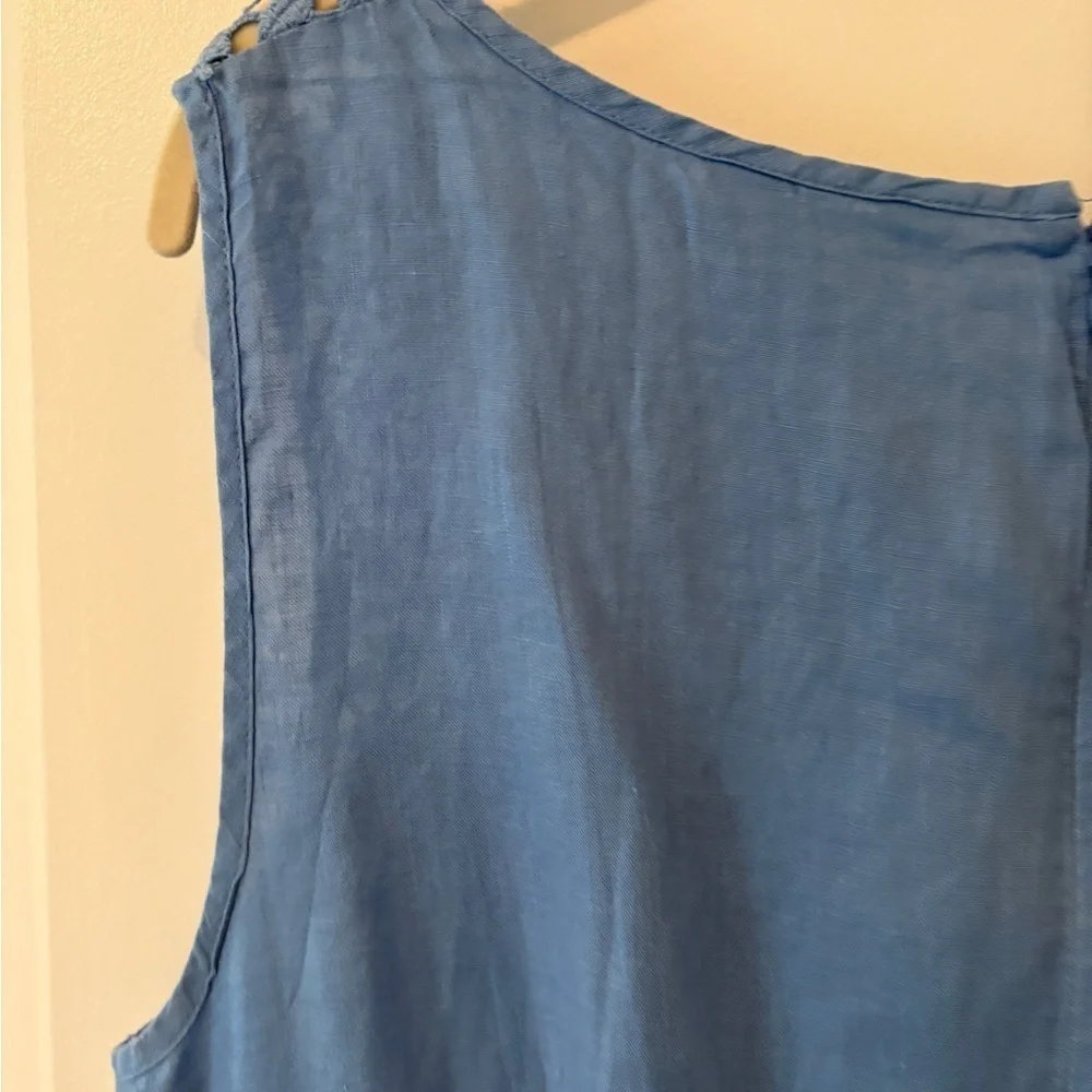 Monsoon Beautiful Blue Linen Summer Classic Crotchet Side Ruched Dress  14